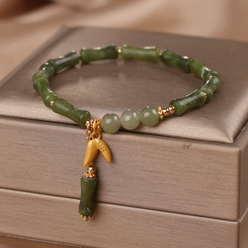 Buddha Stones, grünes Bambus-Jade-Blatt-Muster, Reichtum, Glück, Armband