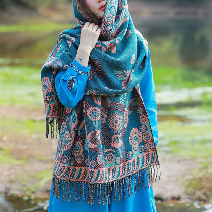 Schal mit Buddha Stonesn, tibetischer Blume, Blumenmuster, Blättermuster, gemütlicher Reiseschal