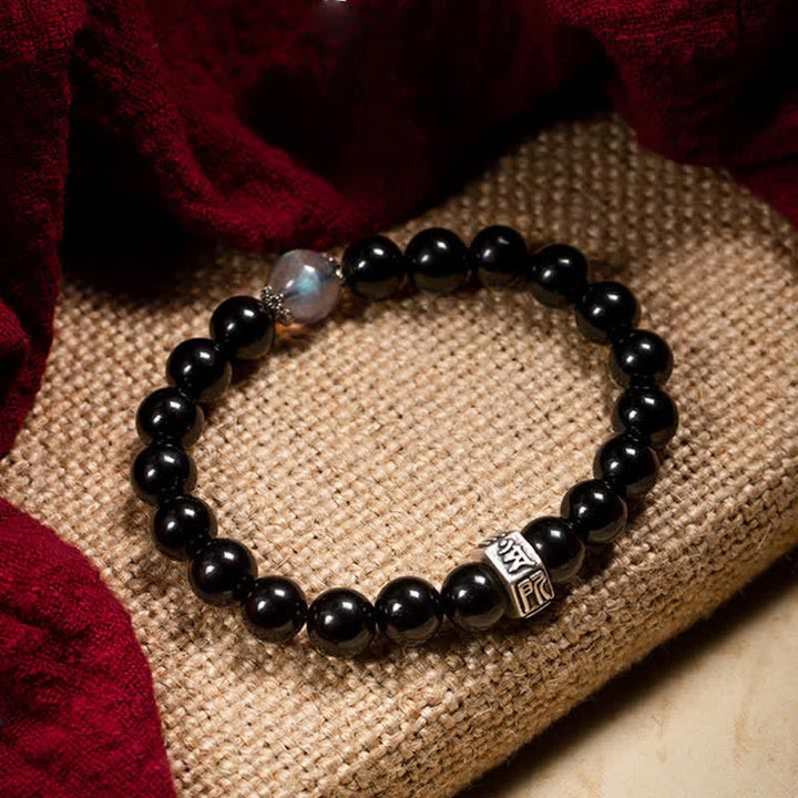 Chinesisches Sternzeichen Natal Buddha 925 Sterling Silber Schwarzer Obsidian Mondstein Stärke Armband