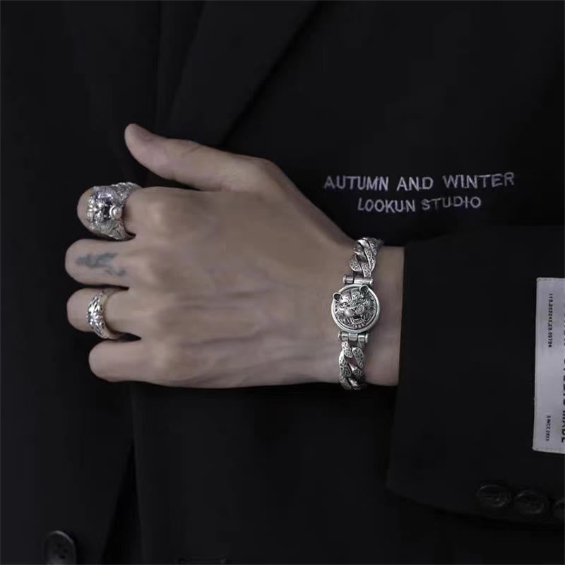 Buddha Stones Tiger Tang Dynasty Blumendesign graviertes Glücksenergie-Armband