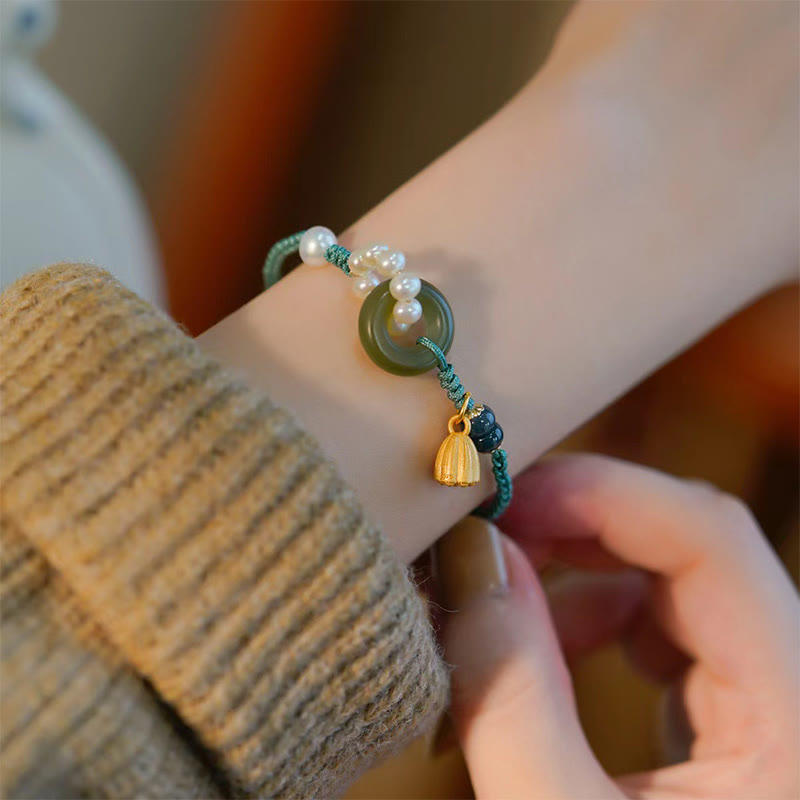 Buddha Stones Natürliche Hetian Jade Friedensschnalle Perle Glück Handgefertigtes geflochtenes Armband