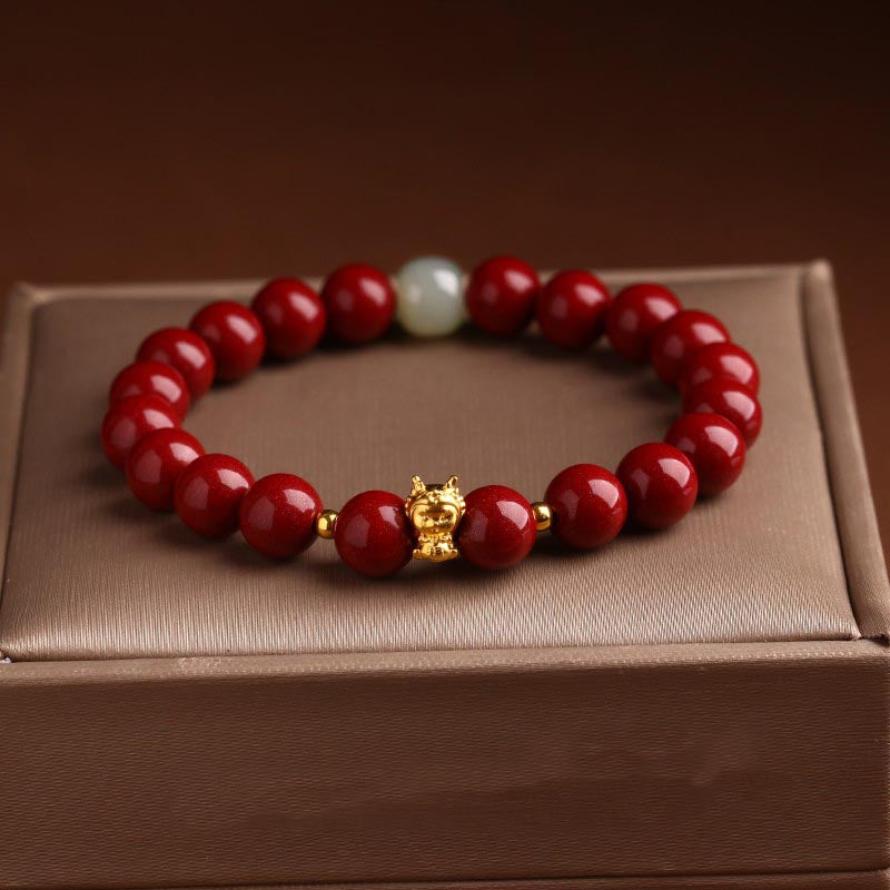 Buddha Stones 999 Gold Jahr des Drachen natürliches Zinnober-Jade-Kupfer-Münze-Fu-Charakter-Segen-Armband
