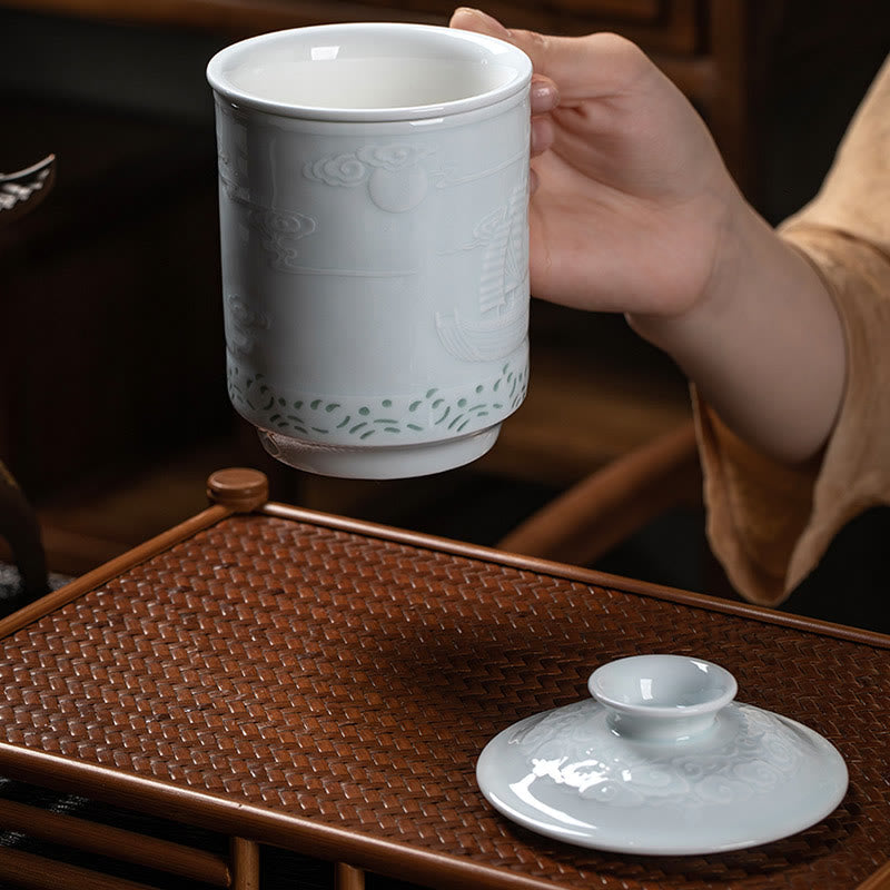 Buddha Stones Jingdezhen Linglong Porzellan Auspicious Dragon Phoenix Boat Smooth Sailing Keramik Teetasse Büro Teetassen 420 ml