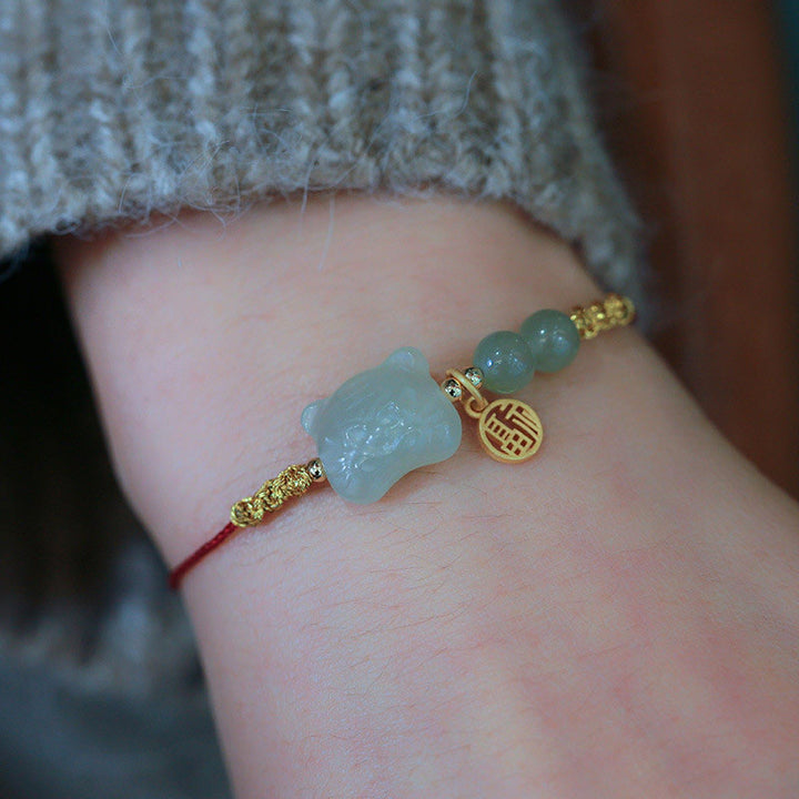 Buddha Stones Chinesisches Sternzeichen Tiger Jade Wohlstand Rotes Schnurarmband