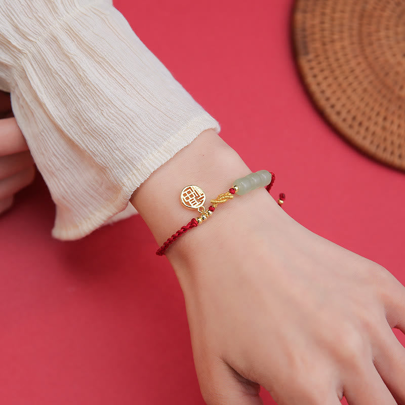 Buddha Stones Handgefertigtes Jade-Perlen-Fu-Charakter-Charm-Glücksarmband mit rotem Seil