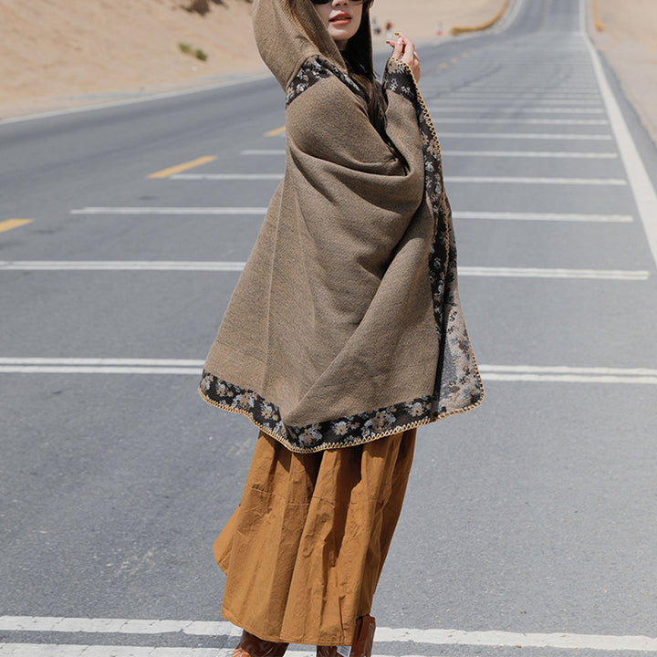 Buddha Stones Tibetischer Schal mit Rand, kleiner Blumen-Kapuzenumhang, gemütlicher Winter-Reiseschal