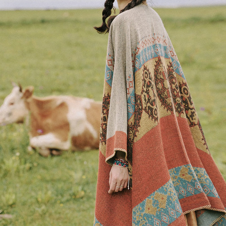 Tibetischer Schal mit Buddha Stonesn, Rautenmuster, warmer Wintermantel