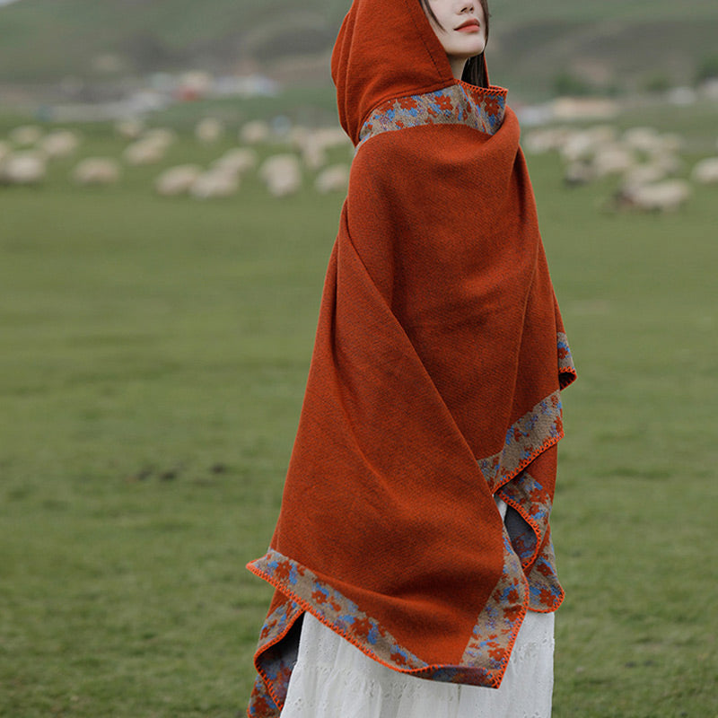 Buddha Stones Tibetischer Schal mit Rand, kleiner Blumen-Kapuzenumhang, gemütlicher Winter-Reiseschal