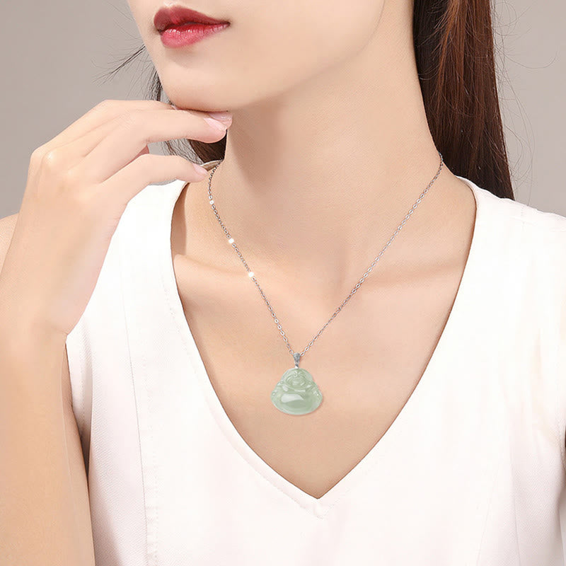 Buddha Stones 925 Sterling Silber natürliche Jade lachender Buddha Wohlstand Fülle Kette Halskette Anhänger