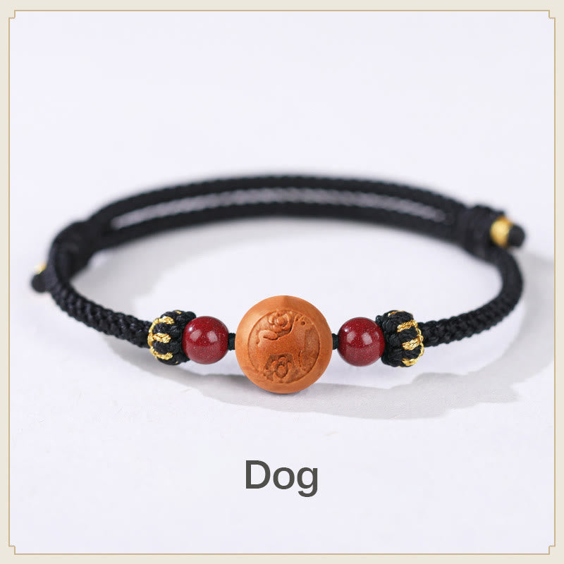 Armband mit Buddha Stonesn, natürlichem Pfirsichholz, chinesischem Sternzeichen Fu, geschnitztem Zinnober-Reichtumsarmband