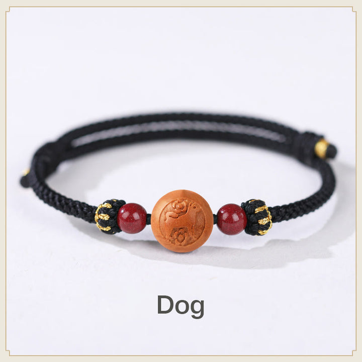 Armband mit Buddha Stonesn, natürlichem Pfirsichholz, chinesischem Sternzeichen Fu, geschnitztem Zinnober-Reichtumsarmband