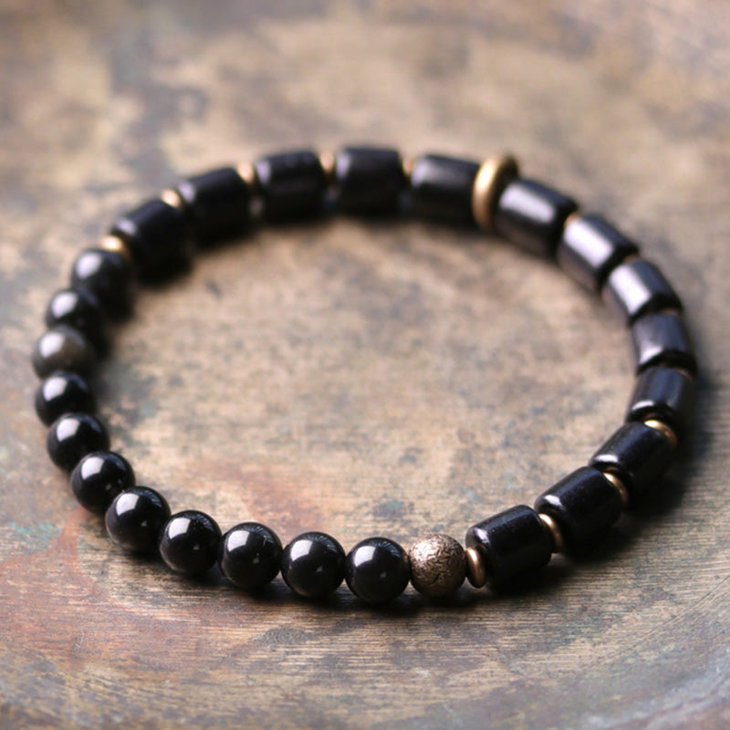 Armband mit Buddha Stonesn, Ebenholz, rotem Jaspis, Moos-Achat, Kristall, Kupfer, Friedenspaar