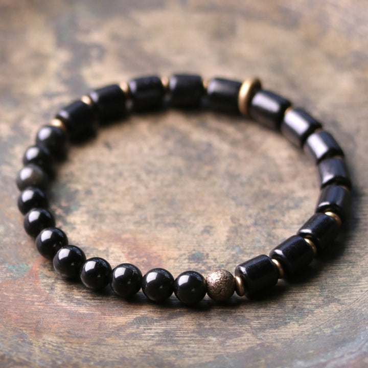 Armband mit Buddha Stonesn, Ebenholz, rotem Jaspis, Moos-Achat, Kristall, Kupfer, Friedenspaar