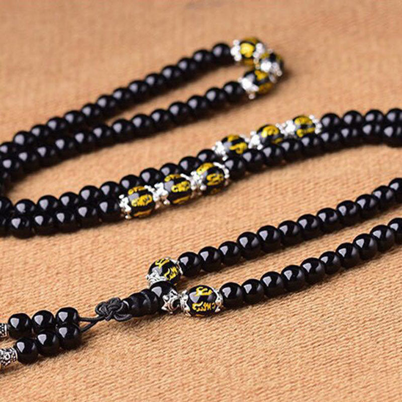 Buddha Stones Black Obsidian Six True Words Protection Mala Armband