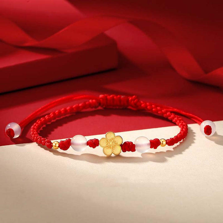Buddha Stones Handgefertigtes Armband aus 925er-Sterlingsilber, Pfirsichblüte, Kirsche, Sakura, Chalcedonperlen, Glücksbringer, rotes Seil