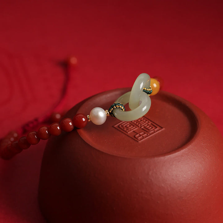 Buddha Stones Natürliches rotes Achat-Hetian-Jade-Armband mit doppelter Friedensschnalle