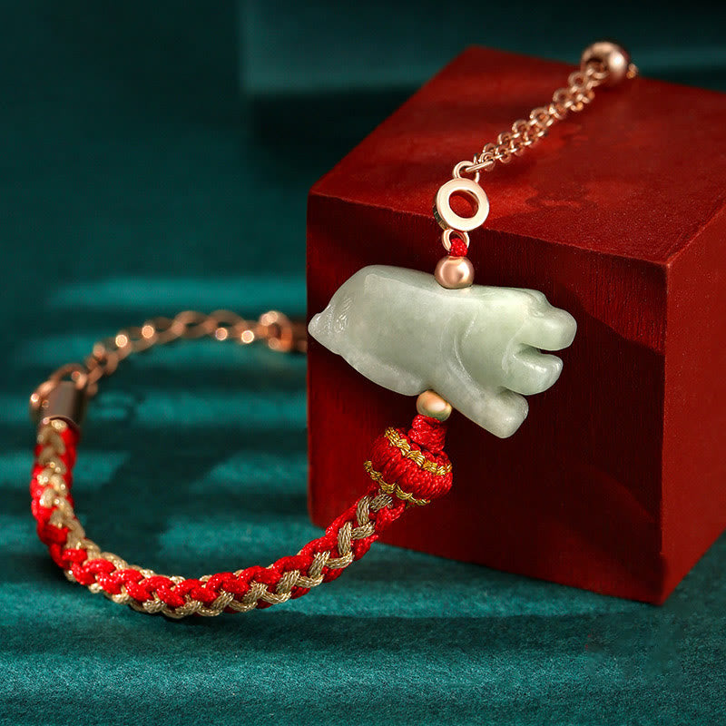 Buddha Stones 925 Sterling Silber Jahr des Drachen Chinesisches Sternzeichen Jade Glückskettenarmband