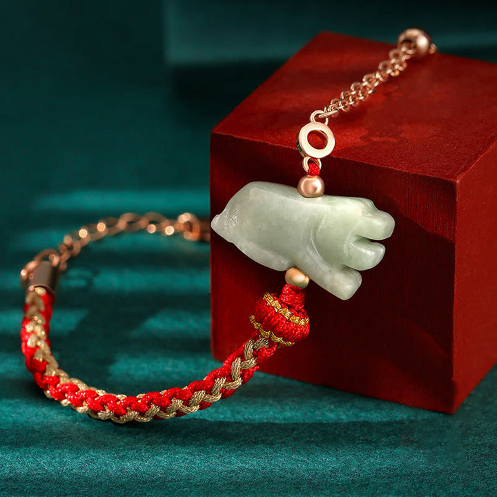 Buddha Stones 925 Sterling Silber Jahr des Drachen Chinesisches Sternzeichen Jade Glückskettenarmband