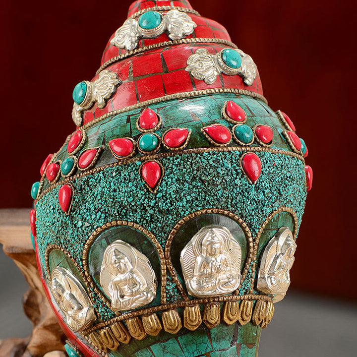 Tibetische handgemachte Shankha Om Mani Padme Hum Buddha Avalokitesvara Türkis Muschel Muschel positive Dekoration