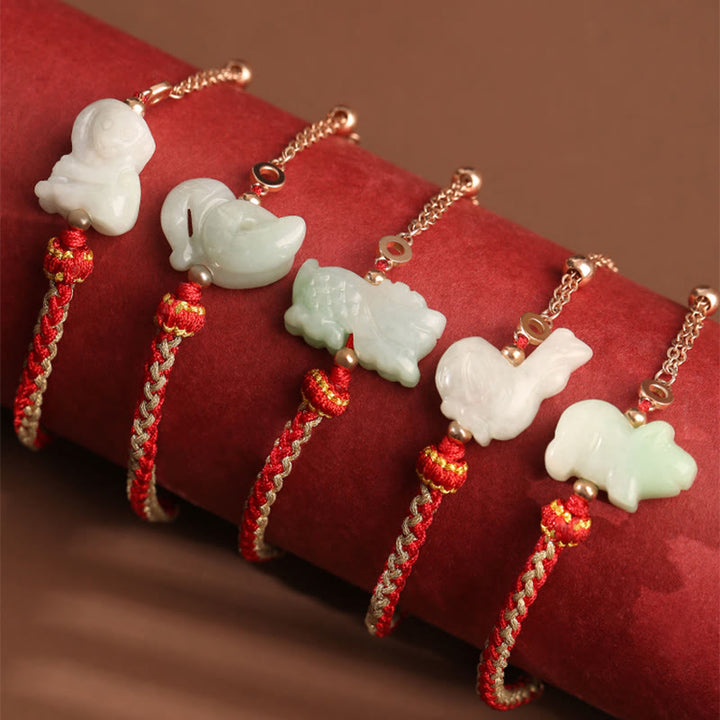 Buddha Stones 925 Sterling Silber Jahr des Drachen Chinesisches Sternzeichen Jade Glückskettenarmband