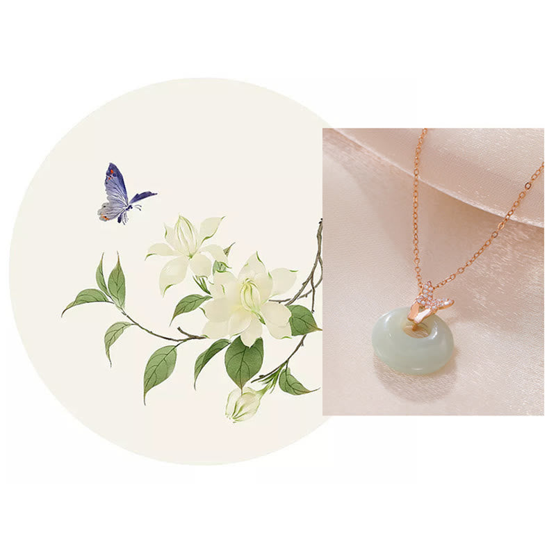 Buddha Stones 925 Sterling Silber Natürlicher Hetian Jade Zirkon Schmetterling Glück Halskette Anhänger