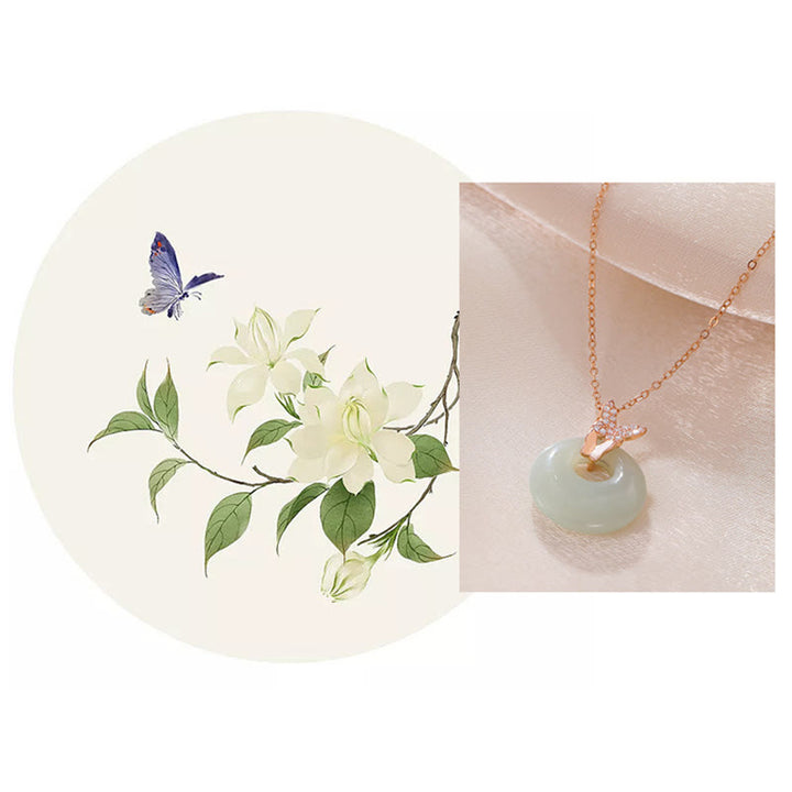 Buddha Stones 925 Sterling Silber Natürlicher Hetian Jade Zirkon Schmetterling Glück Halskette Anhänger