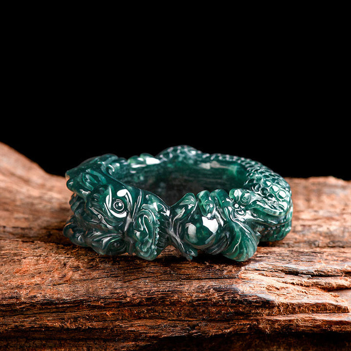 Buddha Stones Natürlicher Cyan-Jade-Drachen-geschnitzter Erfolgsring