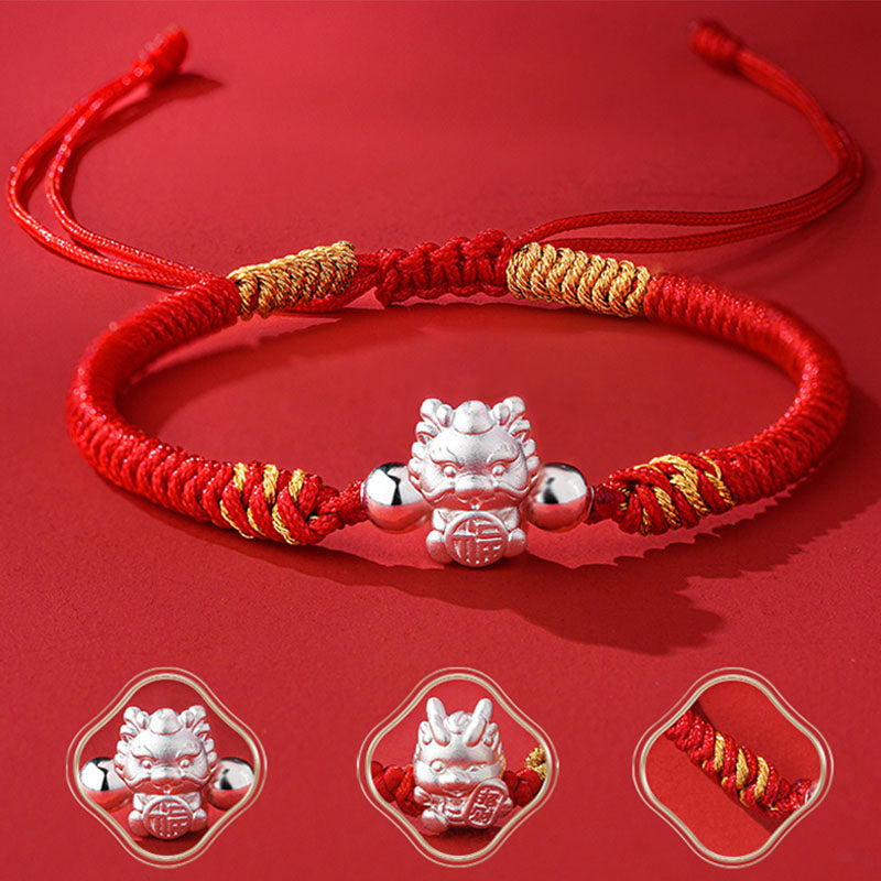 Buddha Stones aus 999er-Sterlingsilber, Jahr des Drachen-Fu-Charakters, ziehen Glück und Glück an, handgefertigtes geflochtenes Armband