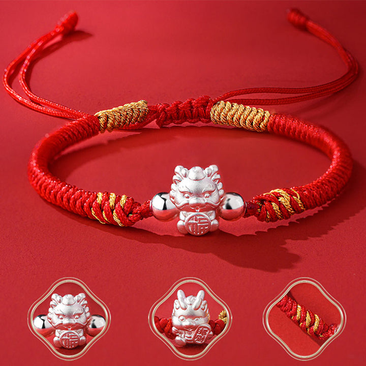 Buddha Stones aus 999er-Sterlingsilber, Jahr des Drachen-Fu-Charakters, ziehen Glück und Glück an, handgefertigtes geflochtenes Armband