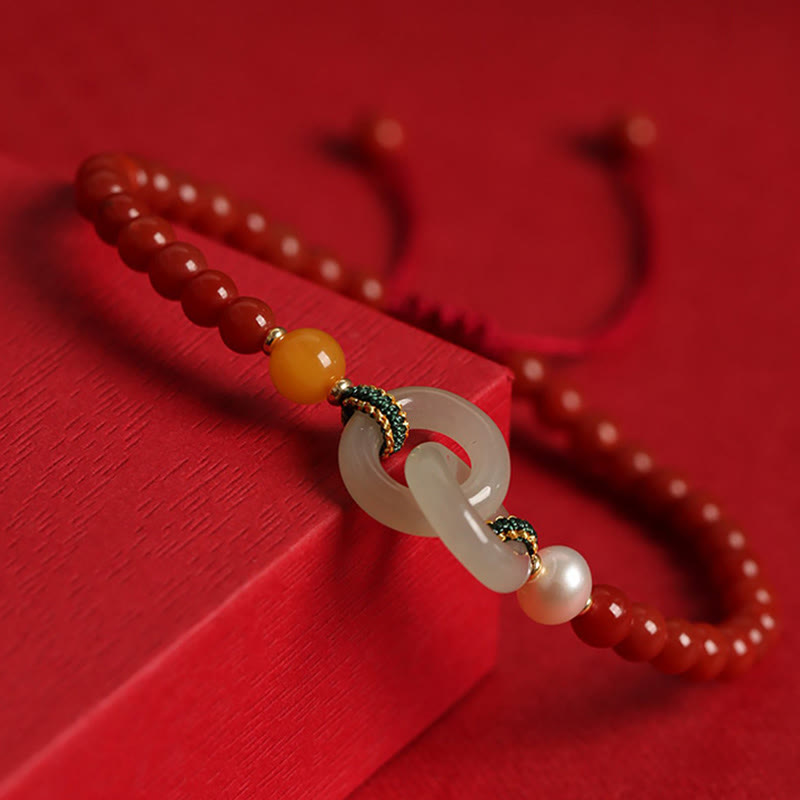 Buddha Stones Natürliches rotes Achat-Hetian-Jade-Armband mit doppelter Friedensschnalle