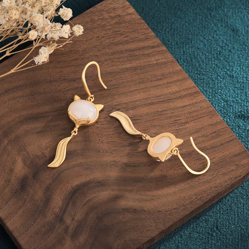 FengShui Weiß Fuchs-Glücksohrringe aus Jade