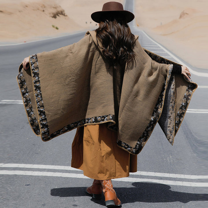 Buddha Stones Tibetischer Schal mit Rand, kleiner Blumen-Kapuzenumhang, gemütlicher Winter-Reiseschal