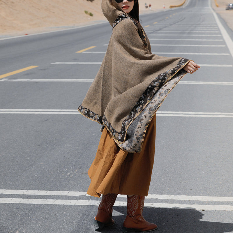Buddha Stones Tibetischer Schal mit Rand, kleiner Blumen-Kapuzenumhang, gemütlicher Winter-Reiseschal