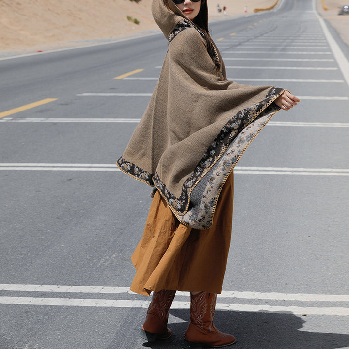 Buddha Stones Tibetischer Schal mit Rand, kleiner Blumen-Kapuzenumhang, gemütlicher Winter-Reiseschal