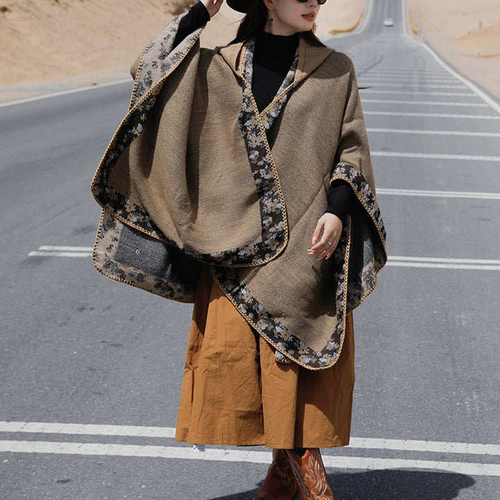 Buddha Stones Tibetischer Schal mit Rand, kleiner Blumen-Kapuzenumhang, gemütlicher Winter-Reiseschal