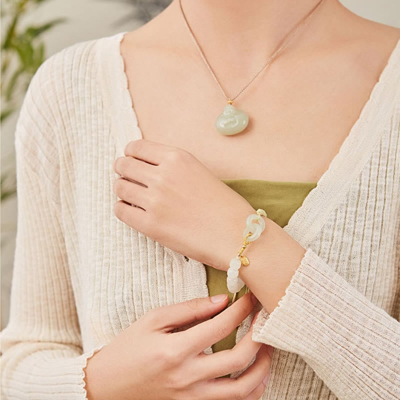 Buddha Stones Natürliche Hetian Jade Perle Doppelte Friedensschnalle Fu Charakter Fülle Geflochtenes Armband