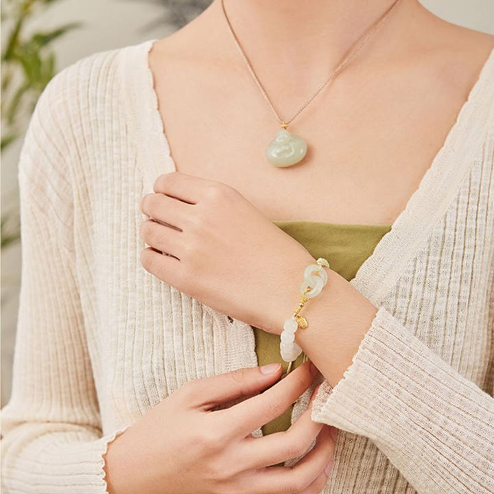Buddha Stones Natürliche Hetian Jade Perle Doppelte Friedensschnalle Fu Charakter Fülle Geflochtenes Armband