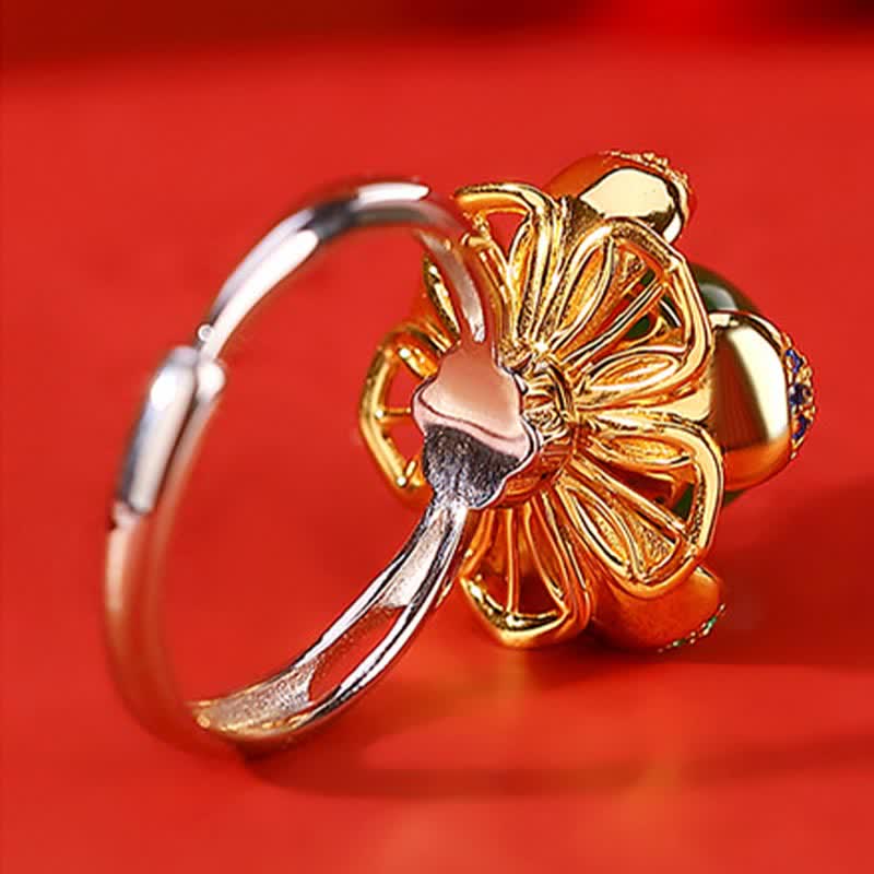 Erfolgsring aus 925er-Sterlingsilber, Weiß Jade, Cyan-Jade, Lotusblume