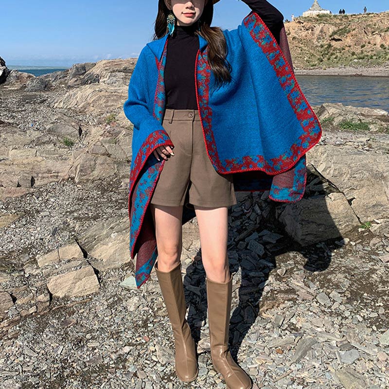 Buddha Stones Tibetischer Schal mit Rand, kleiner Blumen-Kapuzenumhang, gemütlicher Winter-Reiseschal