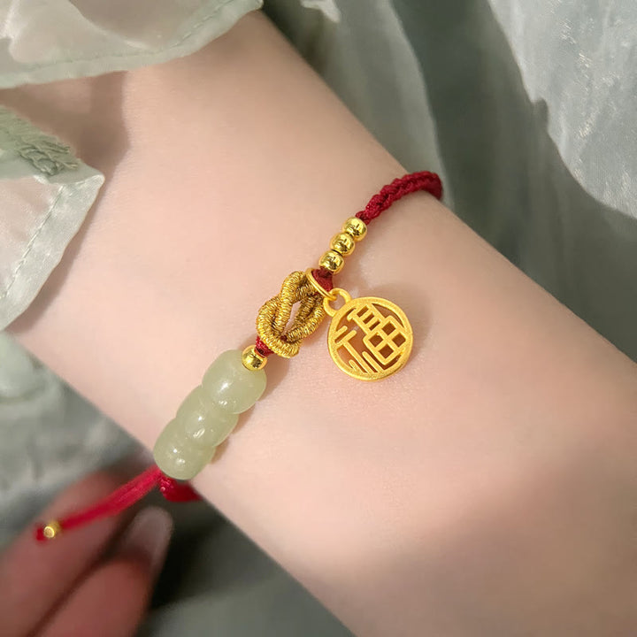 Buddha Stones Handgefertigtes Jade-Perlen-Fu-Charakter-Charm-Glücksarmband mit rotem Seil