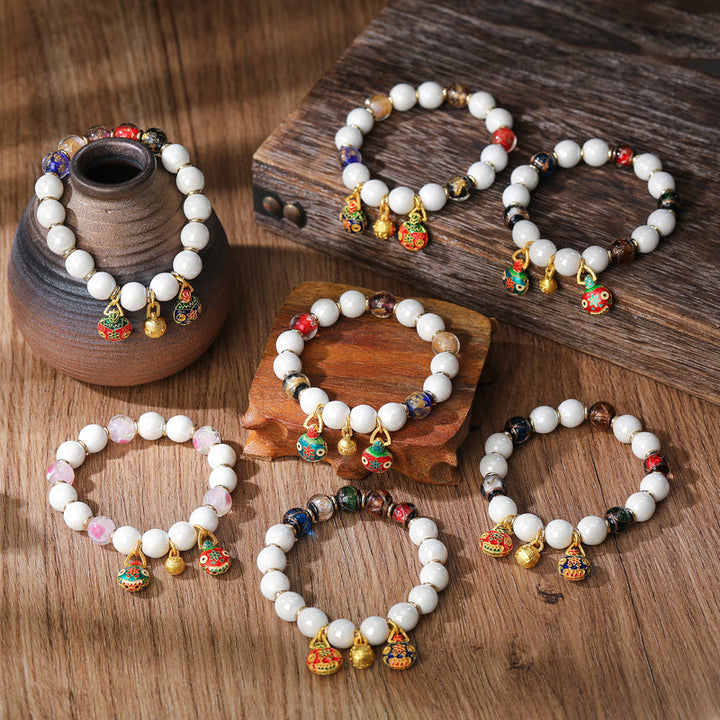 Buddha Stones Gold Schlucktier Familie Charm Liuli Glas Bunte Porzellanperlen Glücksarmband