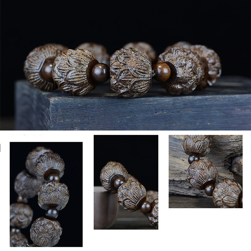Buddha Stones, Ebenholz, achtzehn Arhats, Lotus-Drachen, graviertes Balance-Armband
