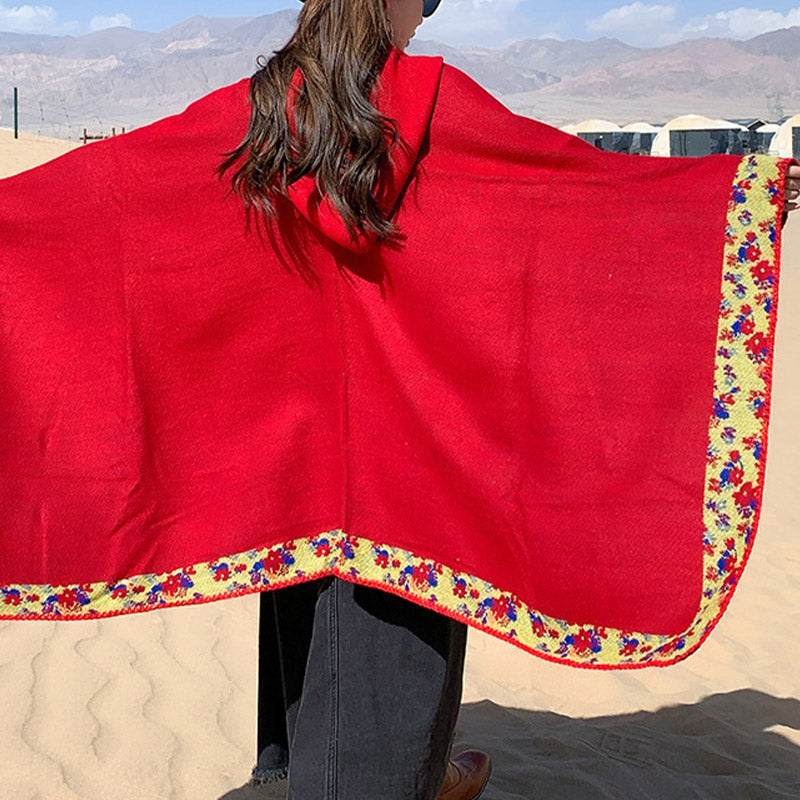 Buddha Stones Tibetischer Schal mit Rand, kleiner Blumen-Kapuzenumhang, gemütlicher Winter-Reiseschal