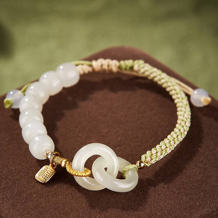 Buddha Stones Natürliche Hetian Jade Perle Doppelte Friedensschnalle Fu Charakter Fülle Geflochtenes Armband