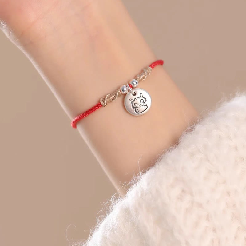 Buddha Stones Handgefertigtes geflochtenes Armband aus 999er-Sterlingsilber, Jahr des Drachen, niedliches chinesisches Sternzeichen, Glück