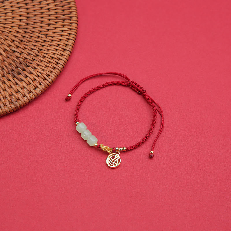 Buddha Stones Handgefertigtes Jade-Perlen-Fu-Charakter-Charm-Glücksarmband mit rotem Seil
