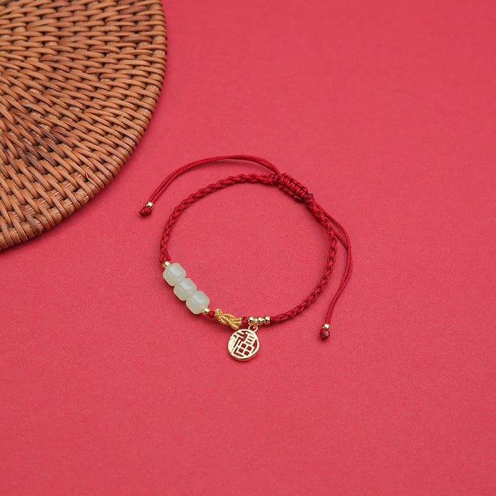 Buddha Stones Handgefertigtes Jade-Perlen-Fu-Charakter-Charm-Glücksarmband mit rotem Seil
