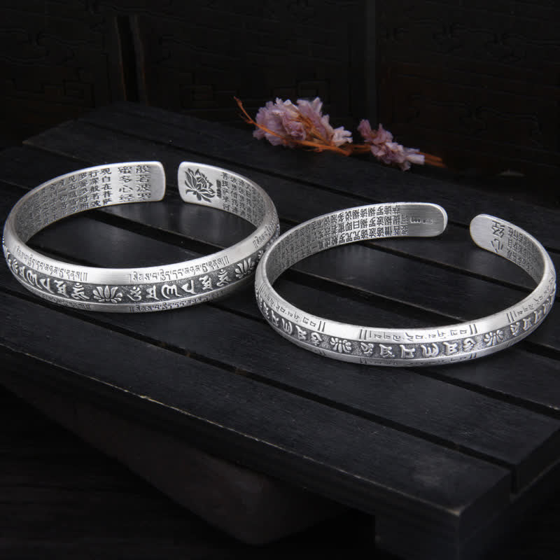 999 Sterling Silber Om Mani Padme Hum Herz Sutra Lotus Peace Armband Armreif
