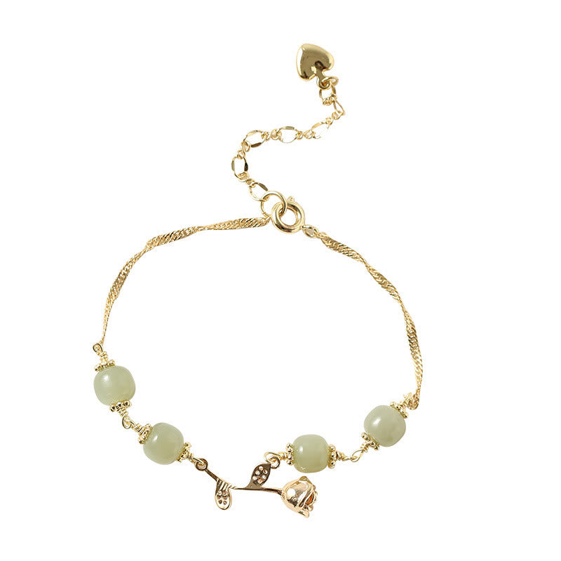 Buddha Stones 14K vergoldetes Hetian Jade goldenes Rosenblüten-Glückskettenarmband