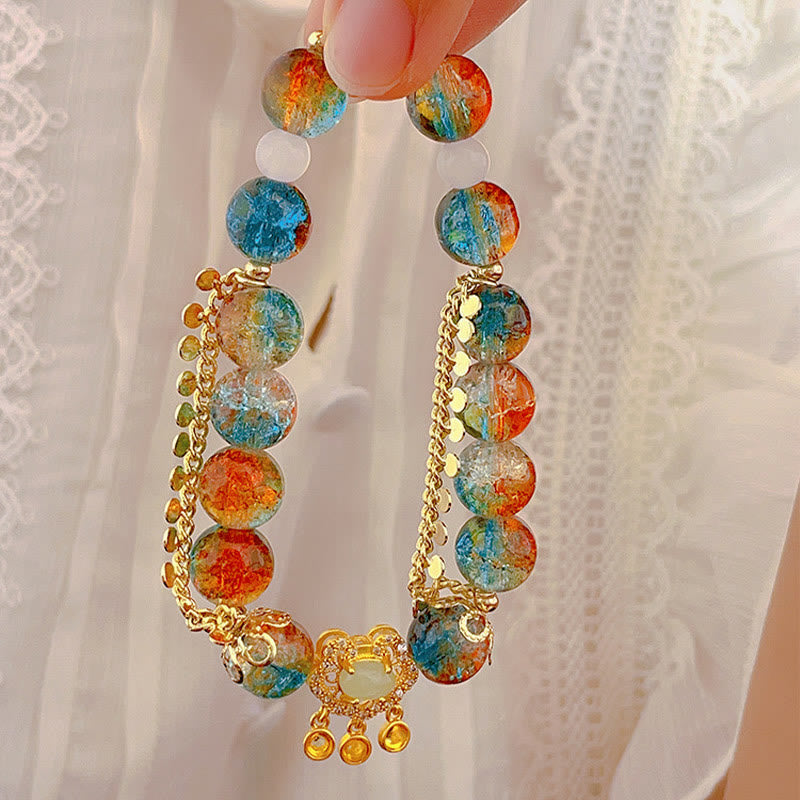 Buddha Stones, buntes Liuli-Glasperlen-Chinese-Schloss-Charm-Glücksarmband